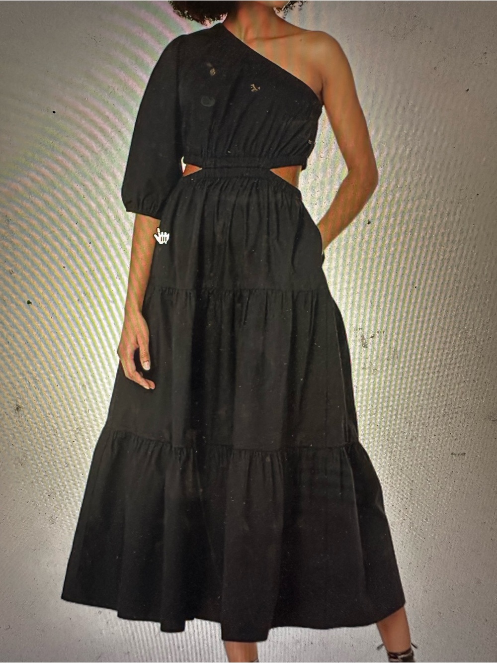 One-Shoulder Black Tiered Midi Dress with Cutout Waist